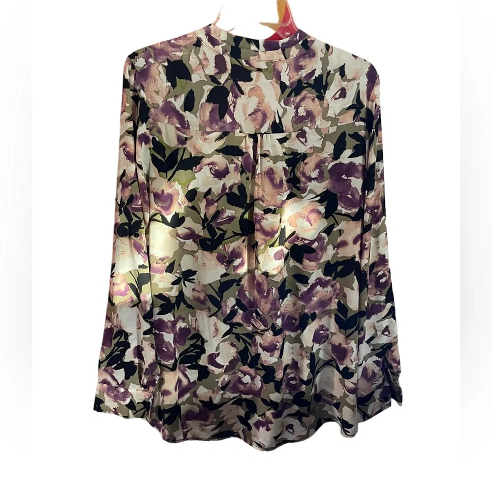 Simply Vera Vera Wang Long Sleeve V Neck 4 Button Popover Floral Blouse Large - Picture 6 of 14